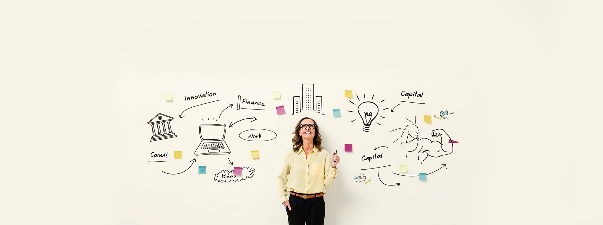 Personal Growth & Productivity - woman standing in front a wall, the background wall is filled with hand-drawn black marker sketches