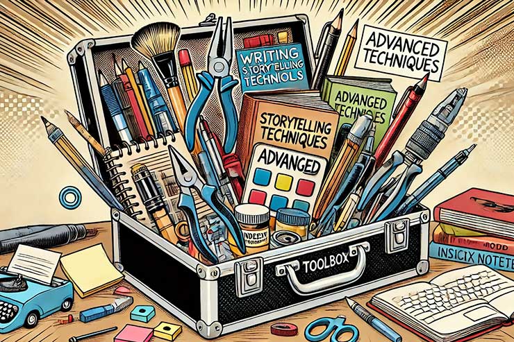 A toolbox filled with various writing and storytelling tools, representing advanced techniques