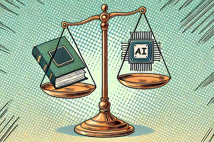 A balanced scale with a book on one side and a computer chip on the other, symbolizing the balance between AI and human creativity