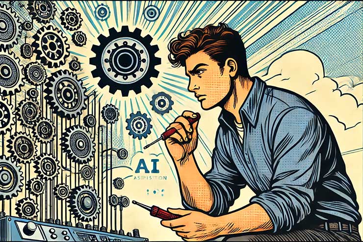 A person examining a complex machine with gears, representing troubleshooting in AI-assisted storytelling