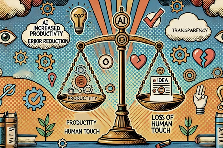 Scales balancing AI benefits and ethical concerns in writing