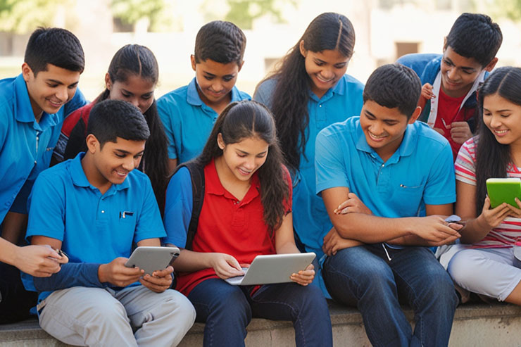 Students with diverse learning styles interacting with ChatGPT on devices