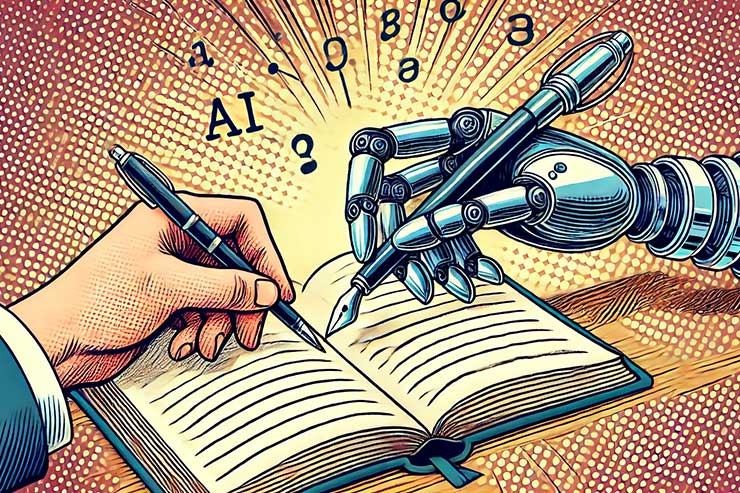 Illustration of a robotic arm holding a pen, writing on a book alongside a human hand