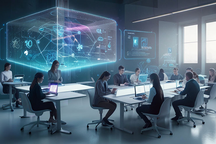 Futuristic classroom with holographic AI assistant and students