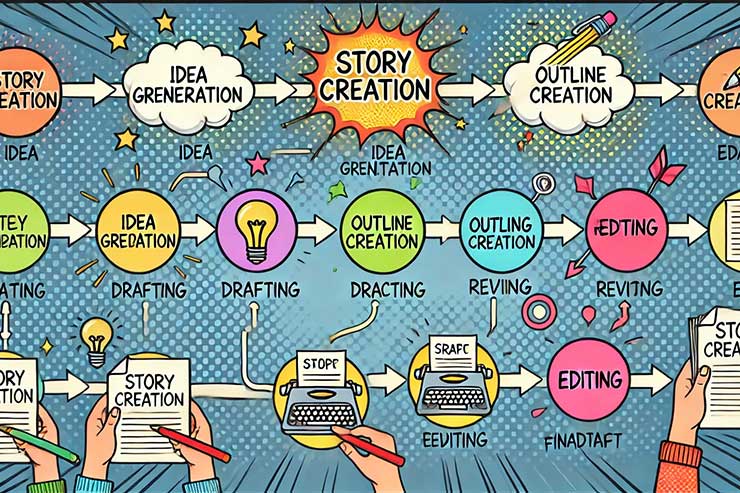 A flowchart showing the steps of story creation, from idea generation to final draft