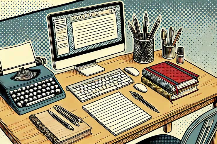 A desk with a computer, notebook, and various writing tools, symbolizing preparation for a writing session