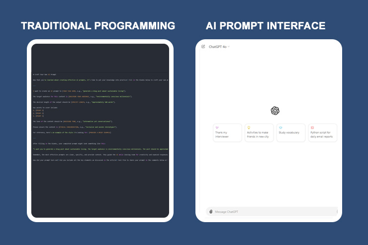 Comparison of traditional programming vs AI prompt interface