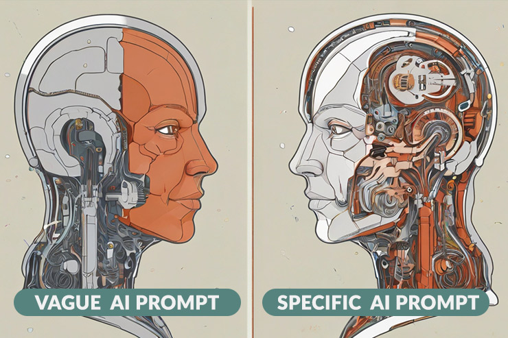 Comparison of vague and specific AI prompts with corresponding responses.