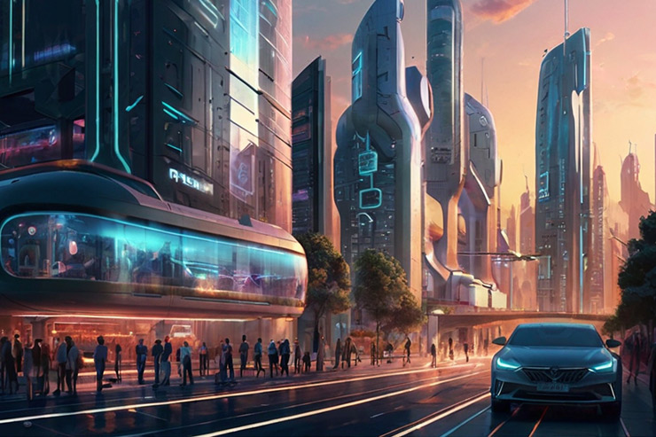 Futuristic cityscape with AI technologies illustrating the future of prompt engineering.