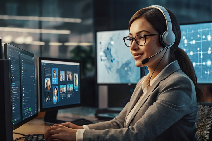 Illustration of human customer service agent working alongside AI assistant