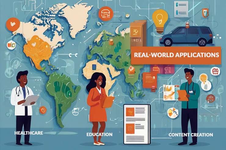 Map of industries with AI prompt applications and examples.