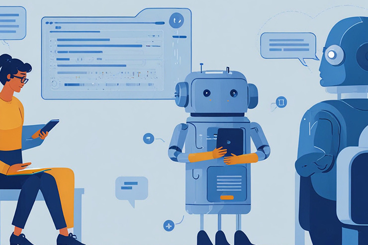 Illustration of ChatGPT being trained with human feedback and data inputs.