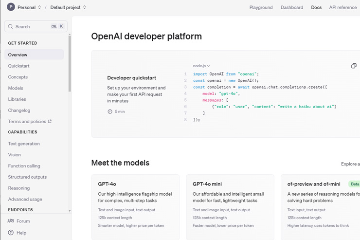 screenshot OpenAI Playground website
