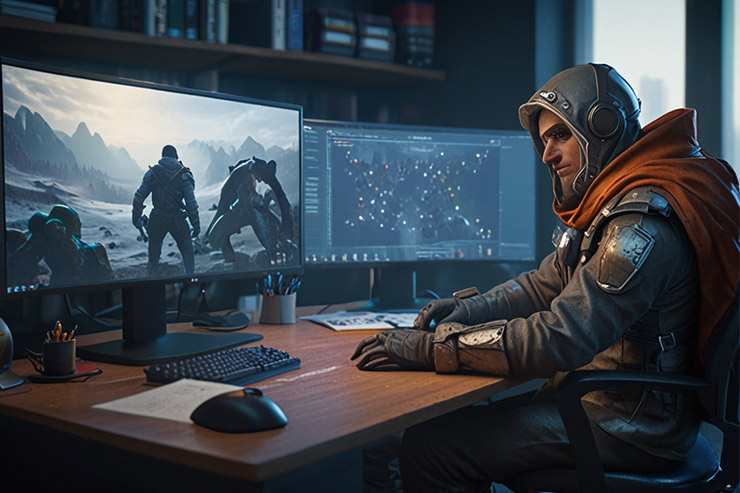 Illustration of AI automating game development tasks,  A developer sitting at a desk with a large computer screen