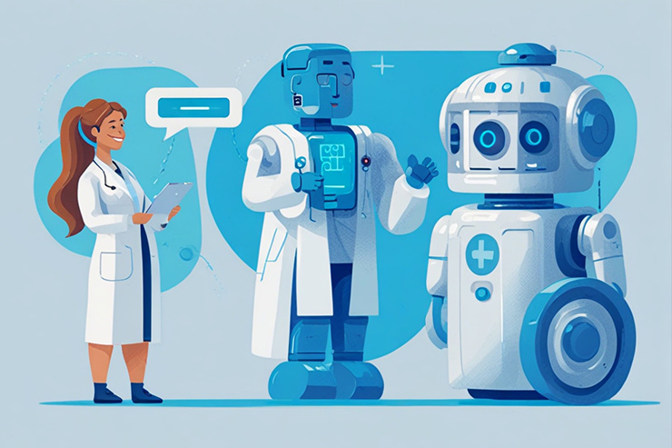 Illustration of AI working with a doctor in healthcare