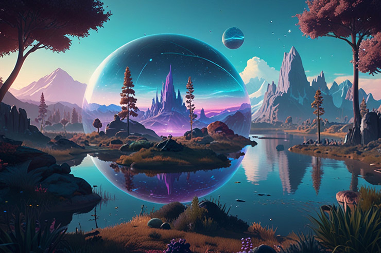 Futuristic AI-powered game world.