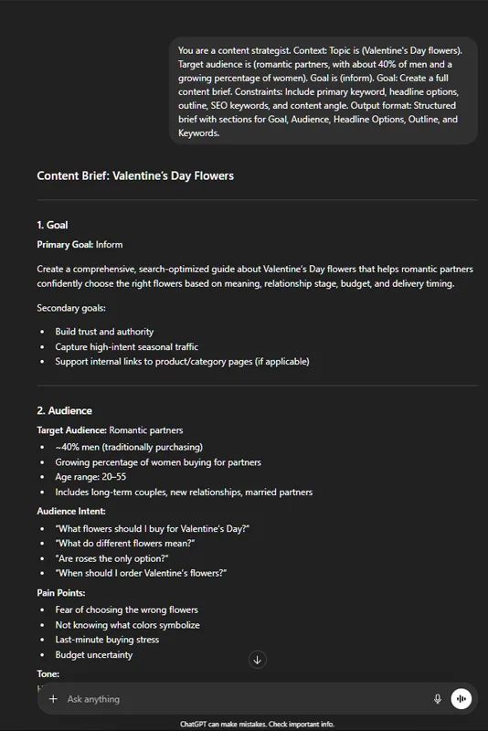 example output screenshot Prompt 12 - Content Brief Generator