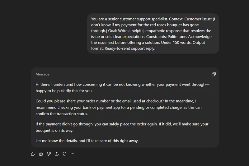 example output screenshot Prompt 25 - Customer Support Reply