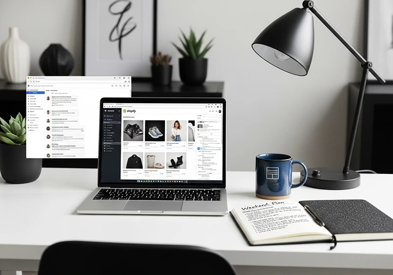 Man building a Shopify store in a weekend using AI systems on laptop