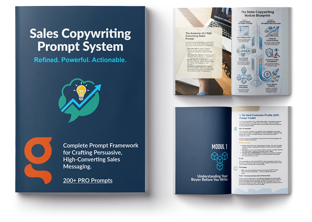 Preview of ChatGPT Prompts for Copywriting PDF showing cover and example pages