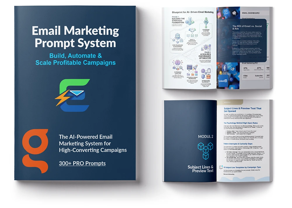 Preview of ChatGPT Prompts for Email Marketing PDF showing cover and example pages