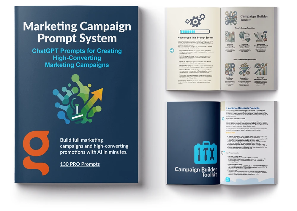 Preview of ChatGPT Prompts for Marketing Campaigns PDF showing cover and example pages
