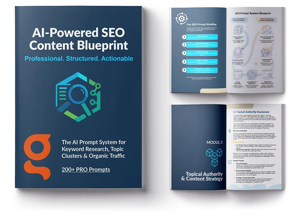 Preview of ChatGPT Prompts for SEO PDF showing cover and example pages