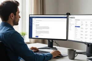 Freelancer using AI workflow tools on dual monitors to scale freelance income from a home office