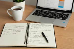 Will Google Penalize AI Content - AI writing interface on a laptop beside a notebook with handwritten edits, representing the balance between AI content creation and human editorial review for Google SEO