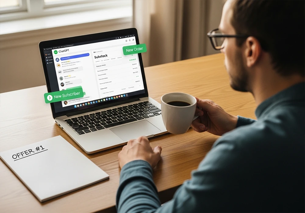 Young man at a simple home desk using ChatGPT and Substack to launch an AI business with zero startup capital