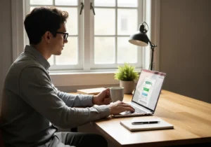 Person using ChatGPT on a laptop at a desk to overcome procrastination with a focused, calm expression