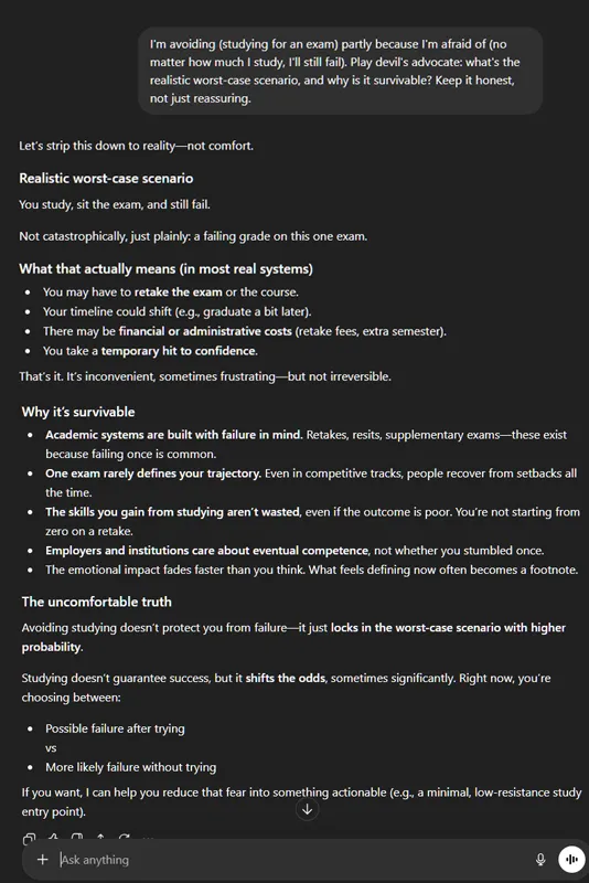 a screenshot of the example outcome for the fear reframe prompt